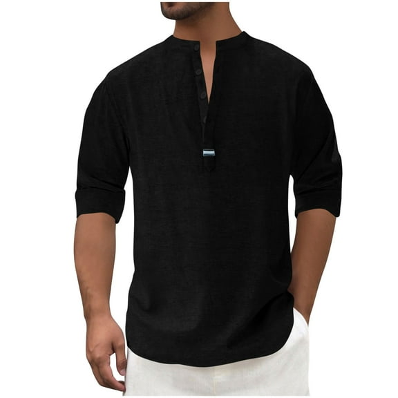YLSDY Fashion Men Linen Henley Shirt Long Sleeve Hippie Casual Beach T-Shirts Quarter Button Collarless Pullover Lightweight Blouse Black L