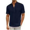 thumbnail image 1 of YLSDY Fashion Men Trendy Jacquard Knit Shirts Breathable Button Collarless Tops Dressy Short Sleeve Summer Blouses for Daily Dark Blue XXL, 1 of 6