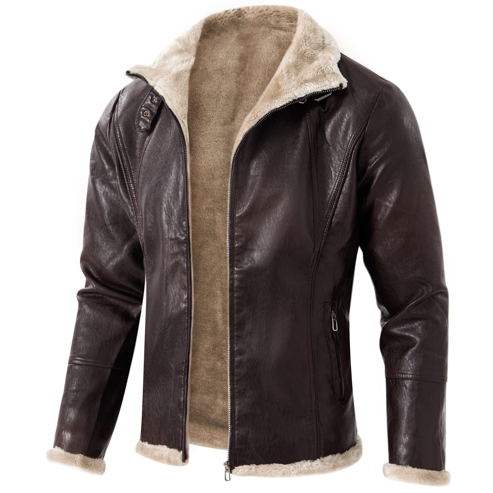 YLSDY Fashion Men's Casual Faux Leather Zip Up Long Sleeve Flight Jacket Fashion Suede Sherpa Jacket Trendy PU Coat with Pockets Brown L