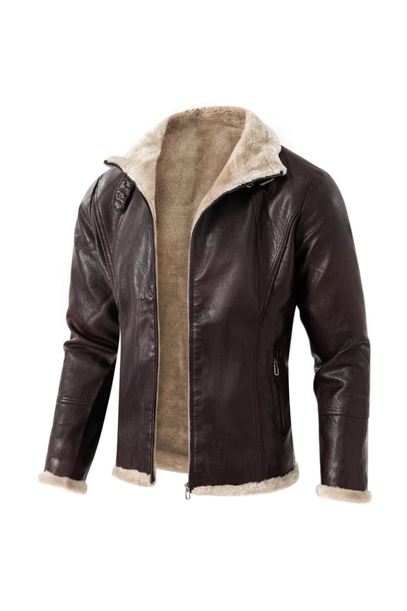 Fashion Men's Casual Faux Leather Zip Up Long Sleeve Flight Jacket Fashion Suede Sherpa Jacket Trendy PU Coat with Pockets Brown L