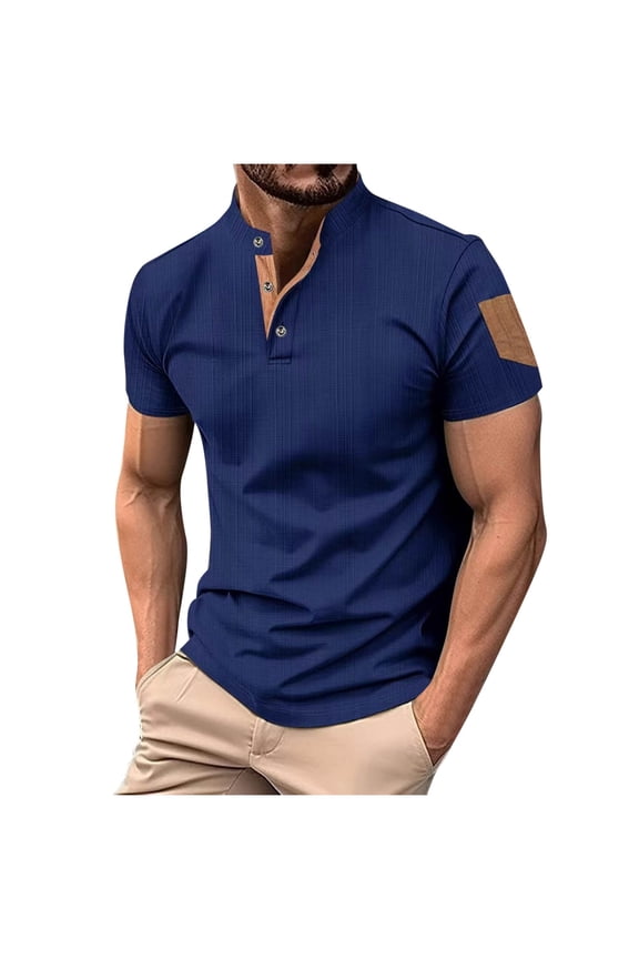 Fashion Men's Casual Henley Shirt Short Sleeve Band Collar Cotton T-Shirt Fashion Summer Beach Plain Hippie Streetwear Tees Navy XXL