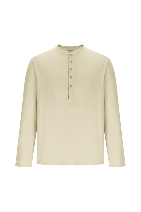 Fashion Men's Casual Henley Tee Shirt Band Collar Long Sleeve Summer Fall Fashion Solid Tops Hippie Button Up High Neck Shirts Beige M