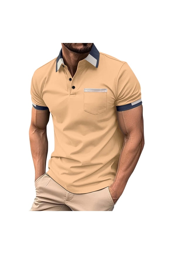 Fashion Men's Casual Button Collared Shirts 2025 Solid Short Sleeve Fashion Shirt Classic Striped Slim Fit Golf Tennis Tops Khaki S