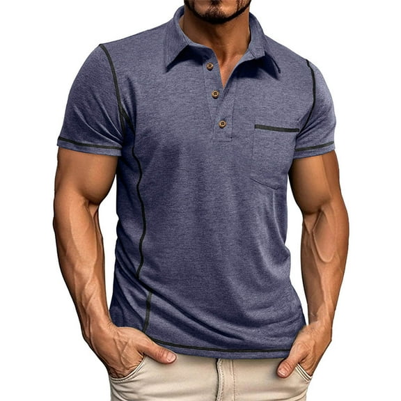YLSDY Fashion Men's Casual Button Collared Shirts Classic Short Sleeve Basic Button T-Shirt Lightweight Cotton Golf Tops with Pocket Dark Blue XL