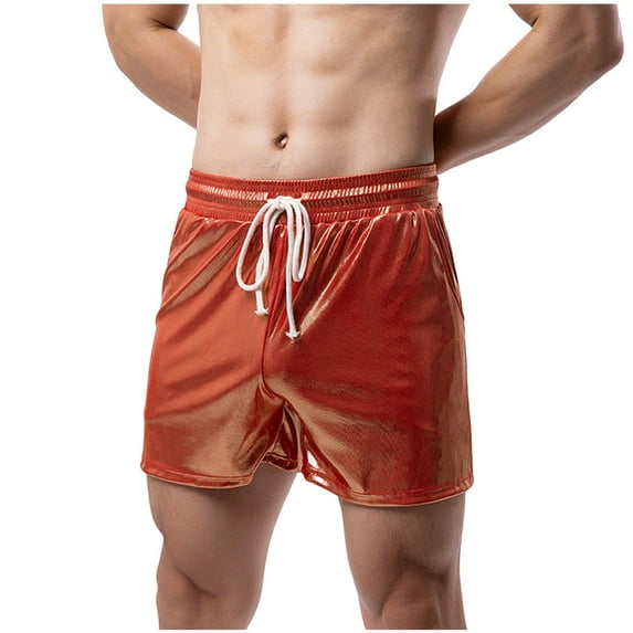 YLSDY Fashion Men's Fitness Shiny Casual Shorts Breathable Elastic High Waist Drawstring Dance Running Short Pants with Pockets Red XL
