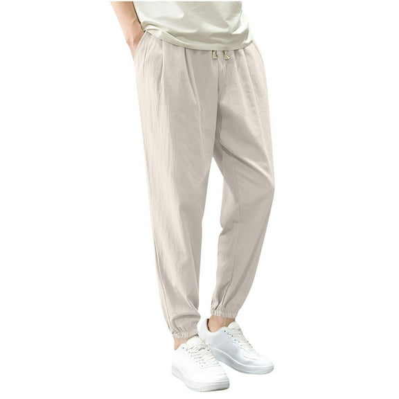 YLSDY Fashion Men's Linen Harem Pants Casual Loose Drawstring Elastic Waist Sweatpant Outdoor Baggy Hiking Jogger Trousers Pockets Khaki M