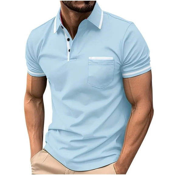 YLSDY Fashion Men's Button Collared Shirts 2025 Short Sleeve Casual Button Collared T Shirt Color Block Slim Fit Golf Shirts with Pocket Light Blue M