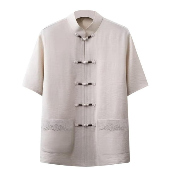 YLSDY Fashion Men's Short Sleeve Kung Fu Shirts Chinese Traditional Tai Chi Mandarin Collar Frog-Button Shirt Summer Casual Tops Beige S