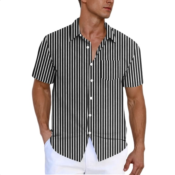 YLSDY Fashion Men's Striped Button Down Shirt - Casual Short Sleeve Regular Fit Business Dress Shirts Summer Fashion Tee Tops with Pocket Black XXL