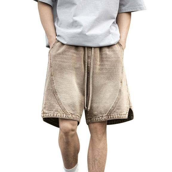 YLSDY Fashion Men's Vintage Denim Shorts Baggy Jean Shorts Wide Leg Elastic Drawstring Waist Baggy Jorts Streetwear Coffee L