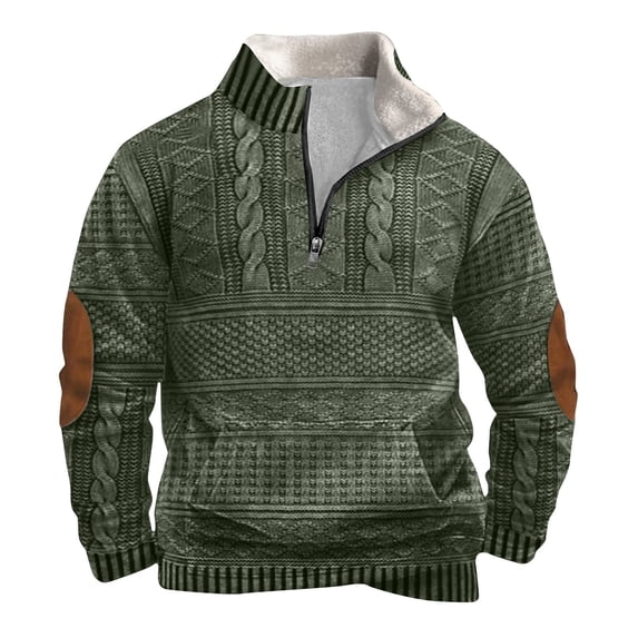 YLSDY Fashion Men's Vintage Knit Print Zip-Up Sweatshirt,Quarter Zip Retro Stand Collar Sweatshirt Solid Long Sleeve Warm Top Army Green L