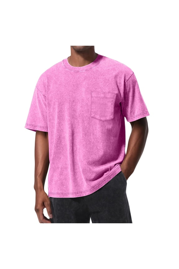 Fashion Men's Vintage Washed T-Shirt with Pocket Short Sleeve Cotton Crew Neck Shirt Loose Casual Retro Tee Summer Streetwear Top Pink M