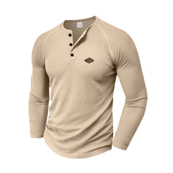 YLSDY Fashion Men's Waffle Knit Henley Shirts Slim Fit Long Sleeve Button Work Golf Blouses Tops Lightweight Stretch Business Pullover Tee Khaki XXL