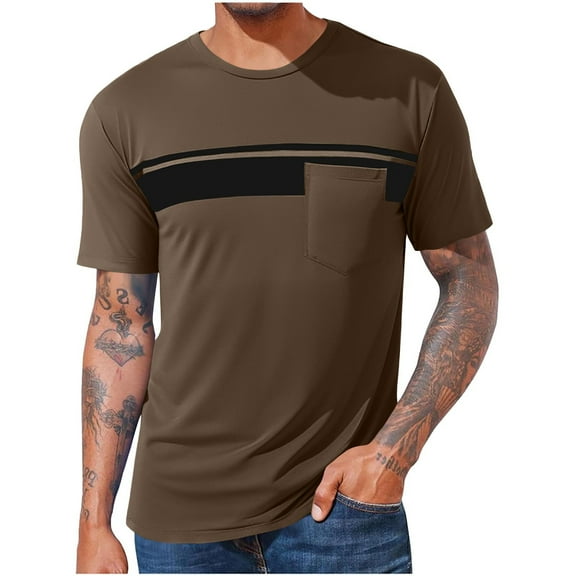 YLSDY Fashion Mens Casual T Shirt Stylish Striped Short Sleeve Tops with Pocket Loose Soft Crewneck Work Tee Summer Streetwear Brown XL