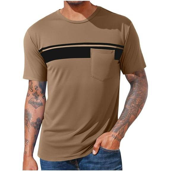 YLSDY Fashion Mens Casual T Shirt Stylish Striped Short Sleeve Tops with Pocket Loose Soft Crewneck Work Tee Summer Streetwear Khaki XL