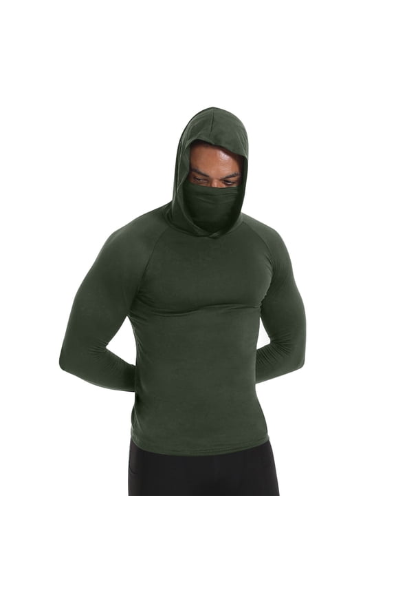Fashion Mens Compression Thermal Shirts Hoodie with Mask Long Sleeve Winter Sports Base Layer Top Active Running Sun Shirt Army Green XXL