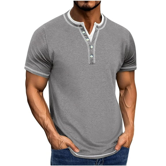 YLSDY Fashion Mens Henley Shirts Stylish Short Sleeve T-Shirts Color Block Casual Collarless 3 Button V Neck Tees Gray XL