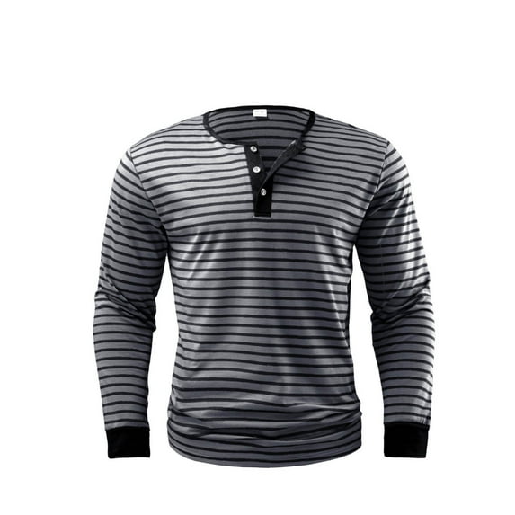 YLSDY Fashion Mens Henley T Shirts Long Sleeve Striped Colorblock Cotton Collarless Regular Fitted Striped Work Golf Daily Shirt Gray M