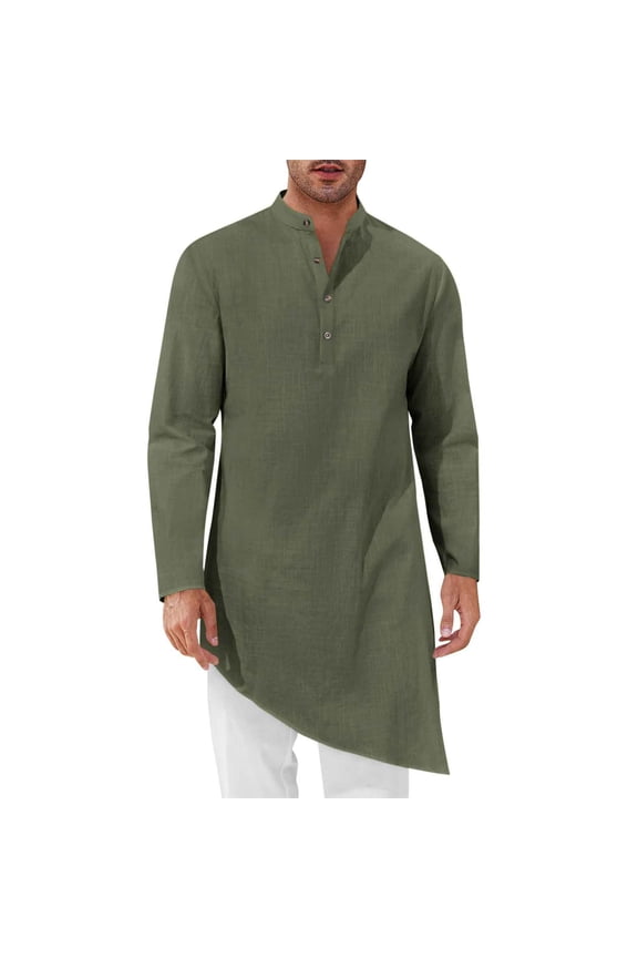 Fashion Mens Kaftan Robe Thobe Cotton Long Sleeve Henley Shirt Buttons Stand Collar Casual Muslim Gown Kurta Tops Army Green XXXL
