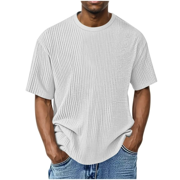 YLSDY Fashion Mens Knit Waffle T Shirt Casual Textured Crewneck Tees Solid Color Short Sleeve Tee Summer Breathable Stylish Shirts White XL