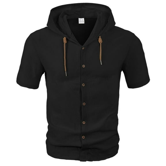 YLSDY Fashion Mens Linen Hooded Shirts Short Sleeve Button Down Solid Color Loose Fit Lightweight Summer Beach Casual Tops Black XL