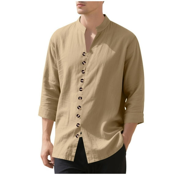 YLSDY Fashion Mens Linen Shirt Short Sleeve Button Down Collar T Shirt Blouses Casual Solid Color Summer Vacation Beach Shirts Khaki L
