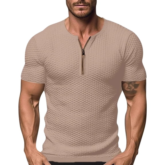 YLSDY Fashion Mens Quarter-Zip V Neck Button Collared Shirts Casual Slim Fit Short Sleeve Athletic T-Shirts Basic Design Cotton Henley Shirt Beige M
