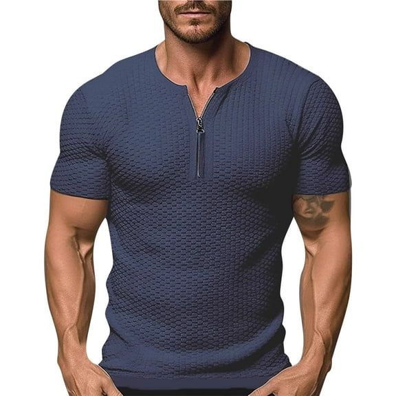 YLSDY Fashion Mens Quarter-Zip V Neck Button Collared Shirts Casual Slim Fit Short Sleeve Athletic T-Shirts Basic Design Cotton Henley Shirt Navy M
