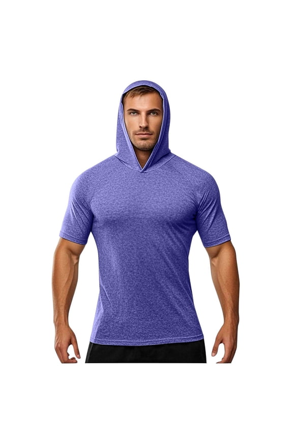 Fashion Mens Short Sleeve Hoodie Athletic Shirts Quick Dry Workout Gym Hooded Tops Summer Sun Protection Running Pullover Tees Purple S