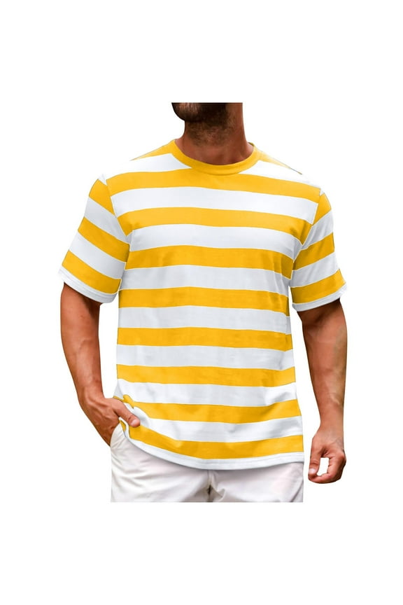 Fashion Mens Short Sleeve T-Shirts Striped Casual Crewneck Basic Shirt Color Block Stretch Summer Beach Tees Khaki XL