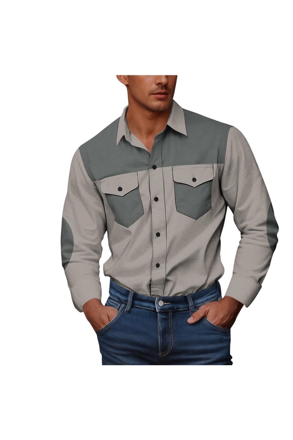 Fashion Mens Stylish Shirts Long Sleeve Button Up Shirts Stretch Gothic Lapel Neck Tops Cowboy Vintage 80s Outfits Gray XXL