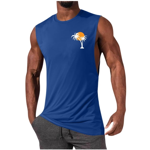 YLSDY Fashion Mens Summer Beach Tank Top Hawaiian Palm Tree Print Sleeveless Crewneck Muscle Basic Tee Vacation Tops Blue S