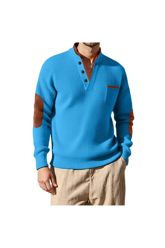 Fashion Mens Waffle Sweatshirt with Elbow Patches Long Sleeve Stand Collar 1/4 Button Up Pullover Tops Retro with Chest Pocket Sky Blue L