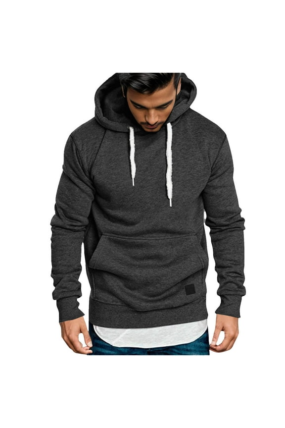 Fashion Pullover Hoodies for Men Solid Long Sleeve Drawstring Hooded Sweatshirt Trendy 2025 New Hoodies with Pockets Dark Gray L