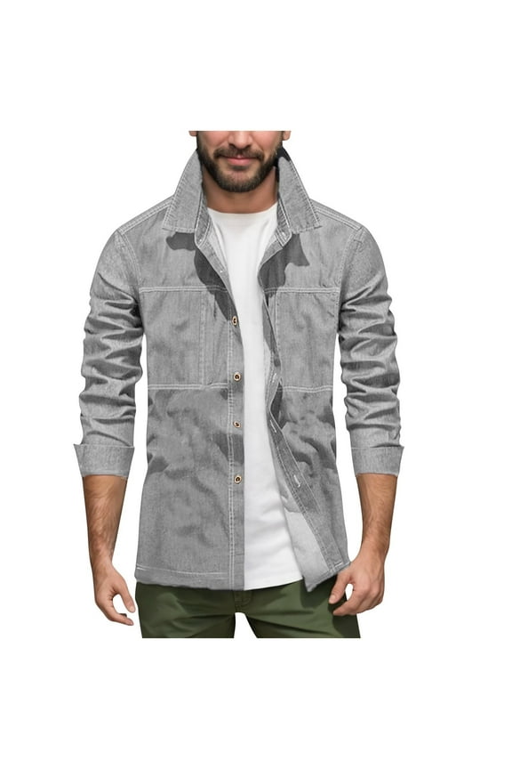 Fashion Shirt Jacket for Men with Zipper Pockets Long Sleeve Casual Lightweight Shacket Jackets Stand Collar Button Down 2025 Gray XXXL