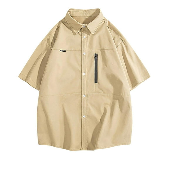YLSDY Fashion Solid Color Casual Shirt for Men Short Sleeve Lapel Loose T-Shirts Button Up Pleated Dressy Trendy Blouse Top Khaki XXXL