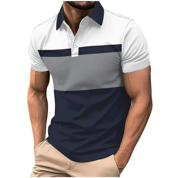 YLSDY Fashion Striped Button Collared Shirts for Men Color Block Tee Short Sleeve Casual Button Collared Golf Tshirt Ourdoor Business Tops Dark Blue XXL