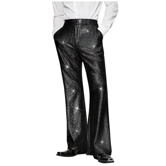 YLSDY Sequins Pants for Men Night Clubwear Rave Sparkly Pants Shiny Slim Straight Leg Trousers Vintage Disco Party Outfit Black L
