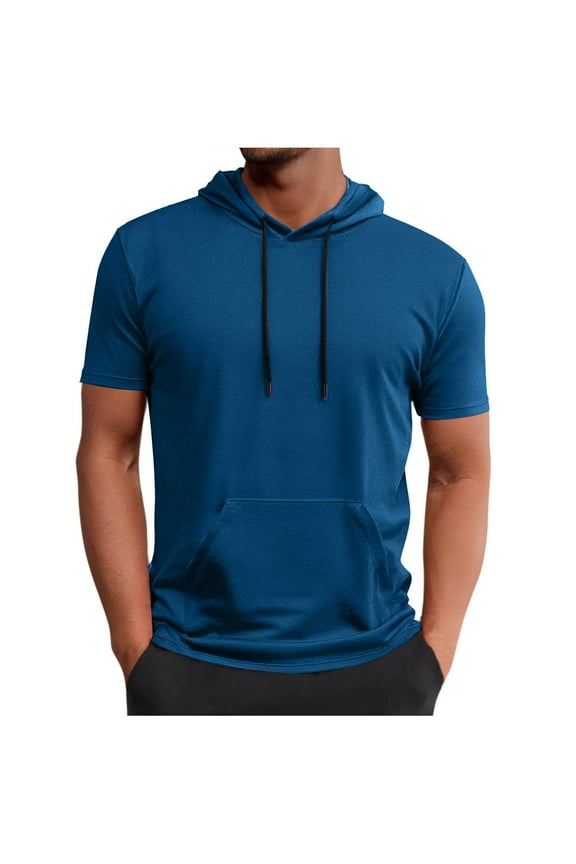 Short Sleeve Hoodies for Men Hoodies Summer Sweatshirt Lightweight Breathable Workout Shirts Pullover Top Dark Blue L