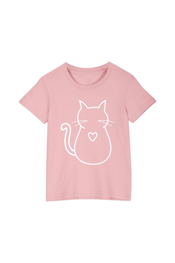 Short Sleeve T Shirts for Girls Cute Cat Print Blouse Crew Neck Casual Kids Tshirts Casual Tees Tunic Tops Pink 4 Years