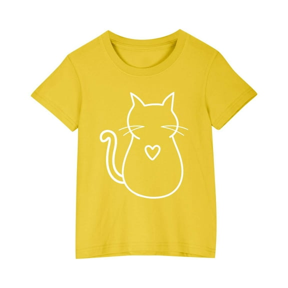 YLSDY Short Sleeve T Shirts for Girls Cute Cat Print Blouse Crew Neck Casual Kids Tshirts Casual Tees Tunic Tops Yellow 3 Years
