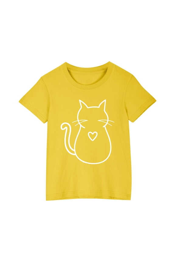 Short Sleeve T Shirts for Girls Cute Cat Print Blouse Crew Neck Casual Kids Tshirts Casual Tees Tunic Tops Yellow 4 Years