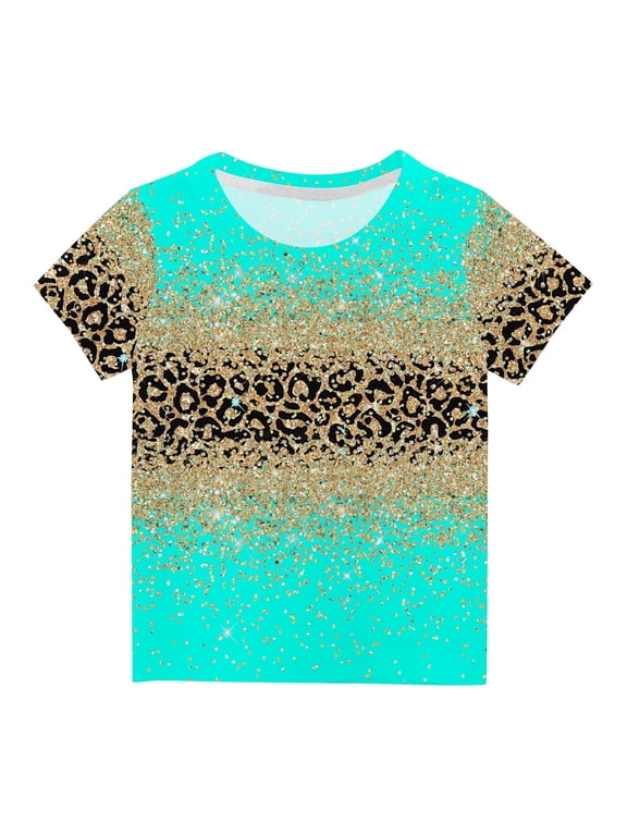 Short Sleeve Tshirts Shirts for Girls Tops 2025 Spring Summer Fashion Kids Leopard Color Block Tees Fashion Clothes Green 5-6 Years