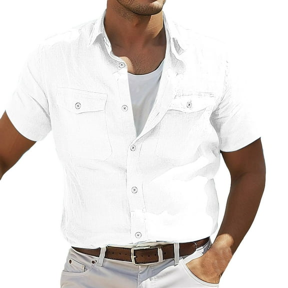 YLSDY Short Sleeve Work Shirts for Mens Cotton Linen Summer Casual Button Shirt Beach Vacation Tee Tops with Two Pocket White S