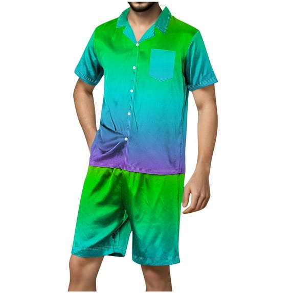 YLSDY Silk Pajama Set for Men Fashion Sleepwear Loungewear Button-Down Pj Sets Nothched Collar Breathable Cool Short Sets Green 4
