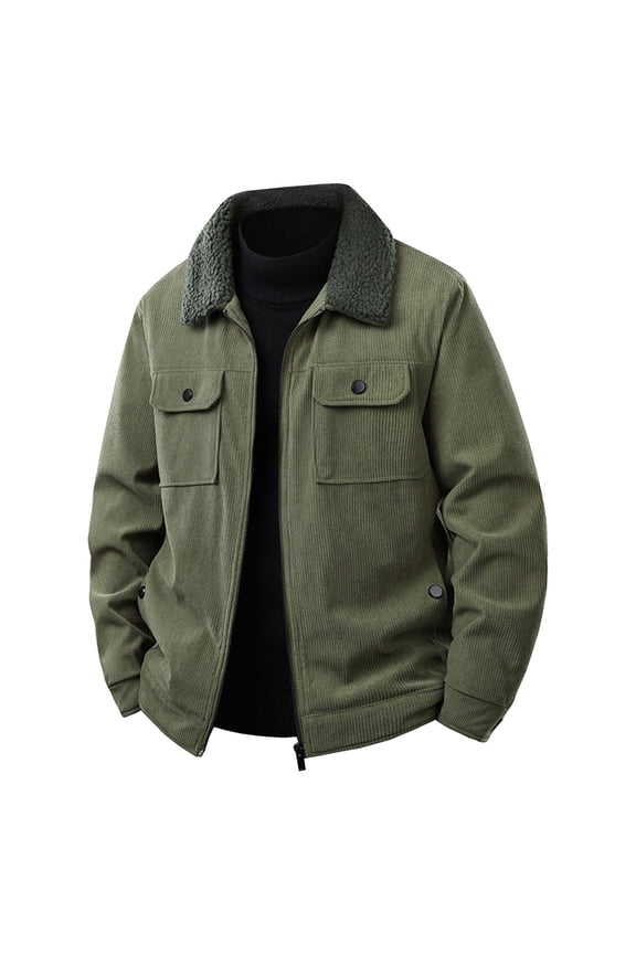 Solid Color Long Sleeved Lapel Zipper Cardigan Corduroy Lamb Wools Warm Jacket Casual Outwear Ideal for Travel Hiking Camping Winter Activities Army Green XL