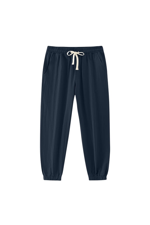 Sport Gym Holiday Trousers Pants for Man Drawstring Elastic Waist Fall Summer Linen Pleated Trousers Pants Mens 2025 Trendy Navy S