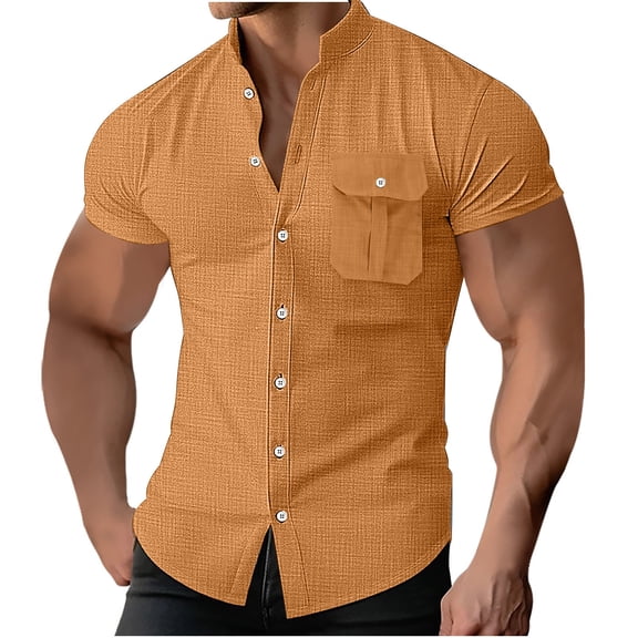 YLSDY Summer Casual Shirts for Men Button Down Short Sleeve T Shirts Stand Neck Baggy Beach Dressy Tee Tops with Pocket Orange XXL