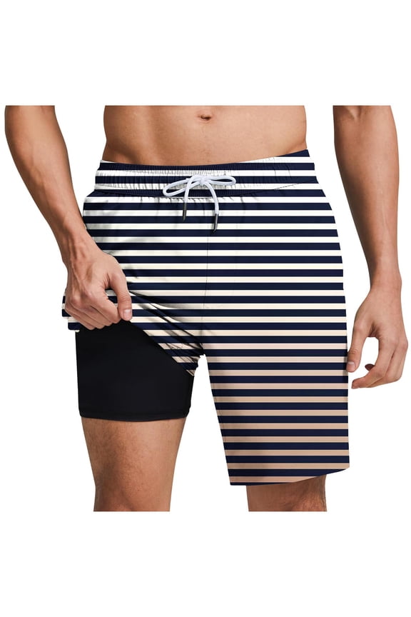Summer Fashion Hiking Shorts Men Striped Gradient Color Pocket Elastic Waist Shorts Drawstring Casual Beach Trunks with Liner Black S