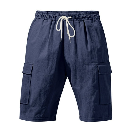 YLSDY Summer Linen Mens Bermuda Shorts Casual Fashion Comfy Loose Fit Workout Drawstring Waisted Cargo Shorts Pockets Navy M